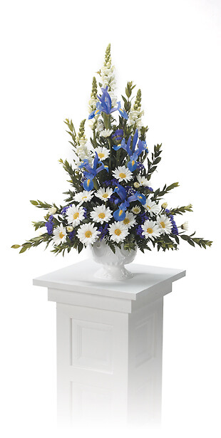 Blue iris and daisy basket